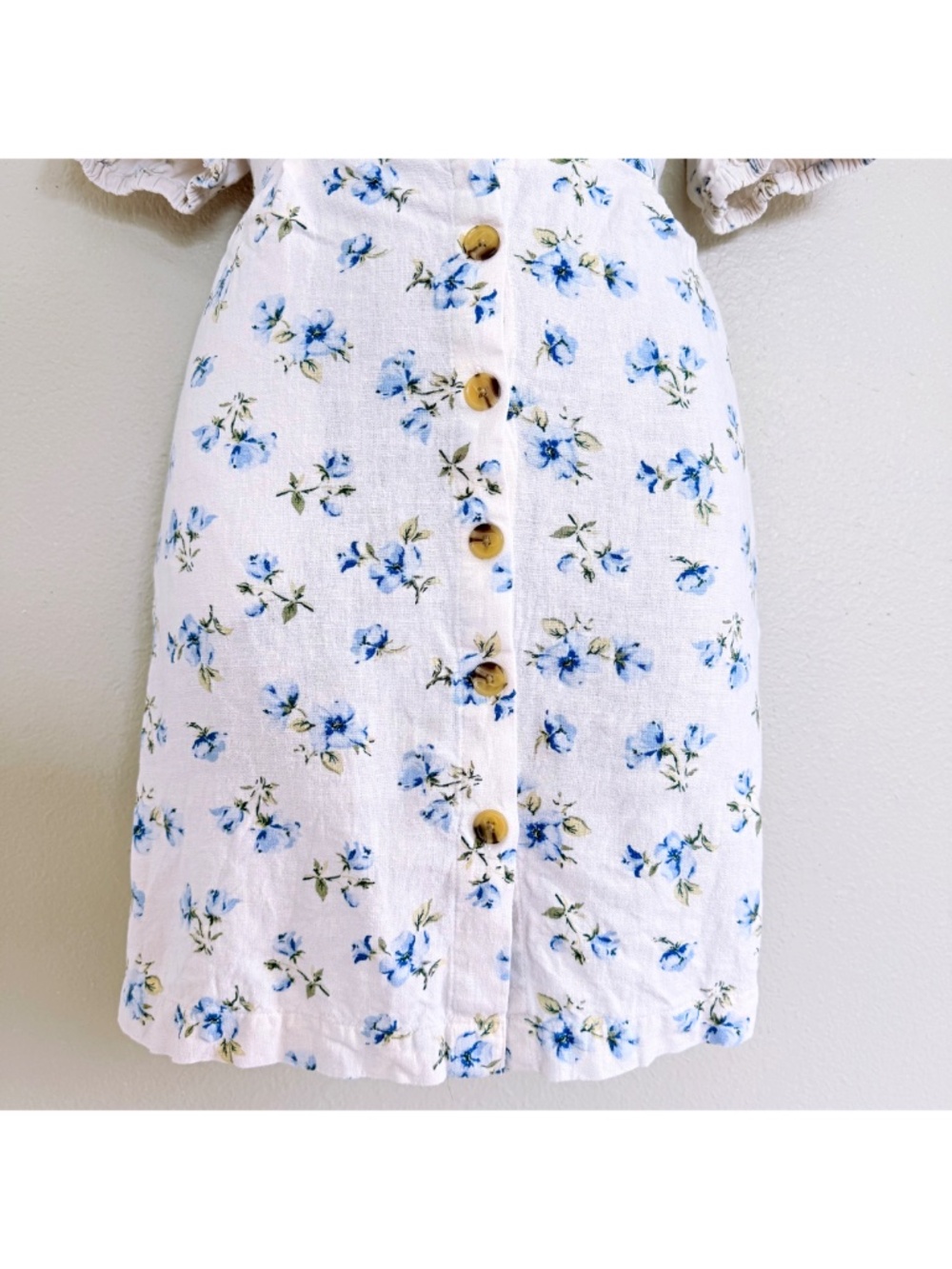Linen Coquette Cottage Blue Floral Puff-Sleeve Mini Summer Dress Old Navy Sz M - Picture 4 of 17